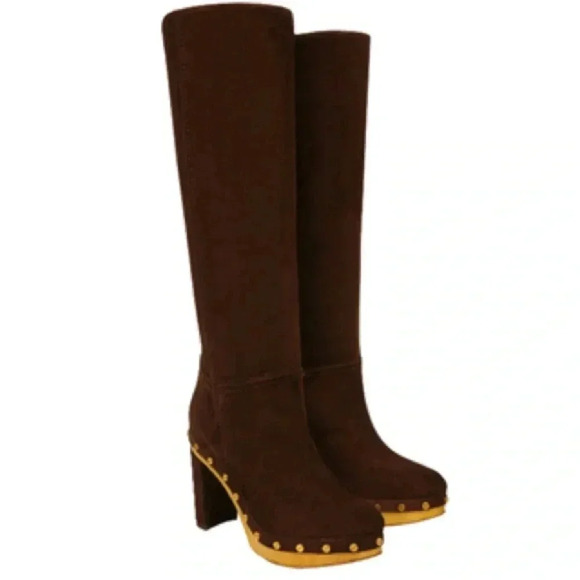 Veronica Beard Glendale Suede Clog Knee Boots Size 10 Expresso Designer Boho New - Picture 16 of 16